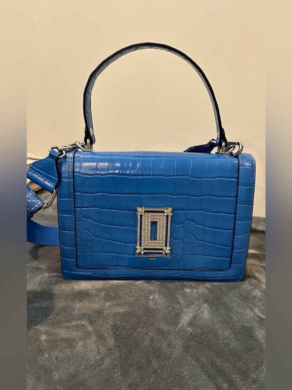 Karl Lagerfeld Blue Leather Croc Embossed Top Handle Crossbody Simone Flap Bag